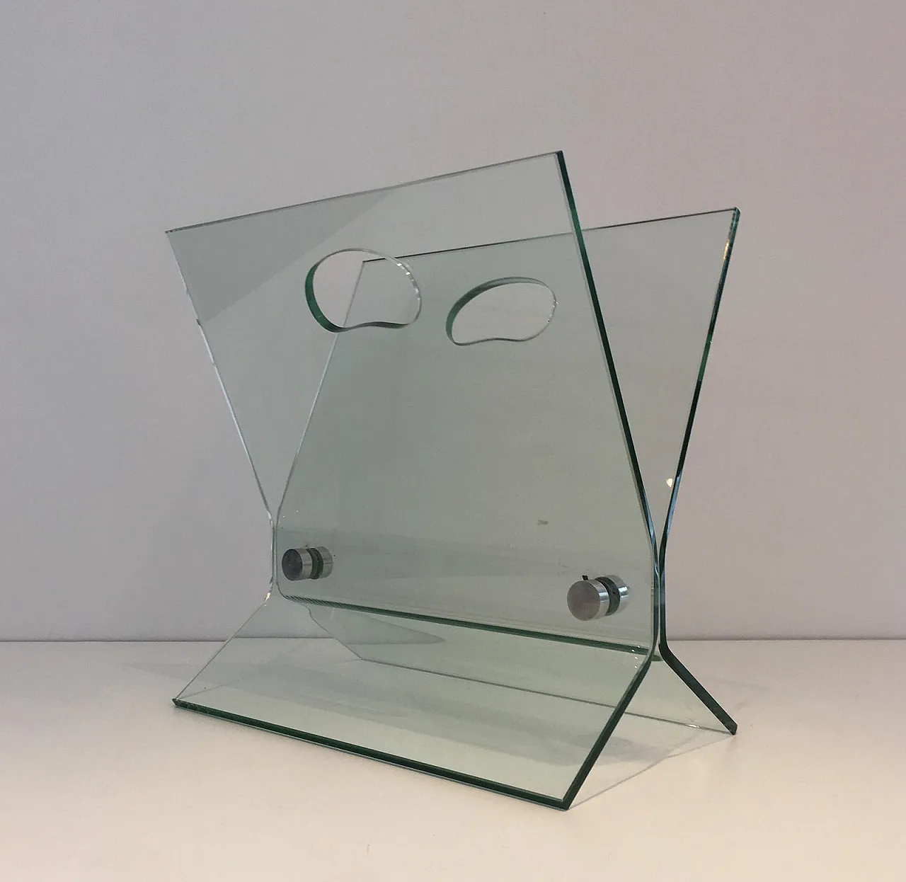 In the Style of François Arnal, Glass and Brushed Steel Magazine Rack 13