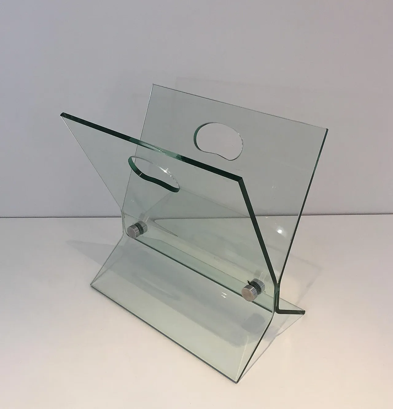 In the Style of François Arnal, Glass and Brushed Steel Magazine Rack 15