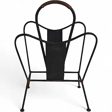 Black Lacquered and Brown Leather Magazine Rack, French, circa 1940