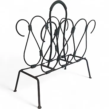 Lacquered Metal and Leather Magazine Rack Attributed to Jacques Adnet