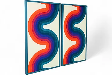Pair of abstract fabric panels, lumber and fabric, 1970s