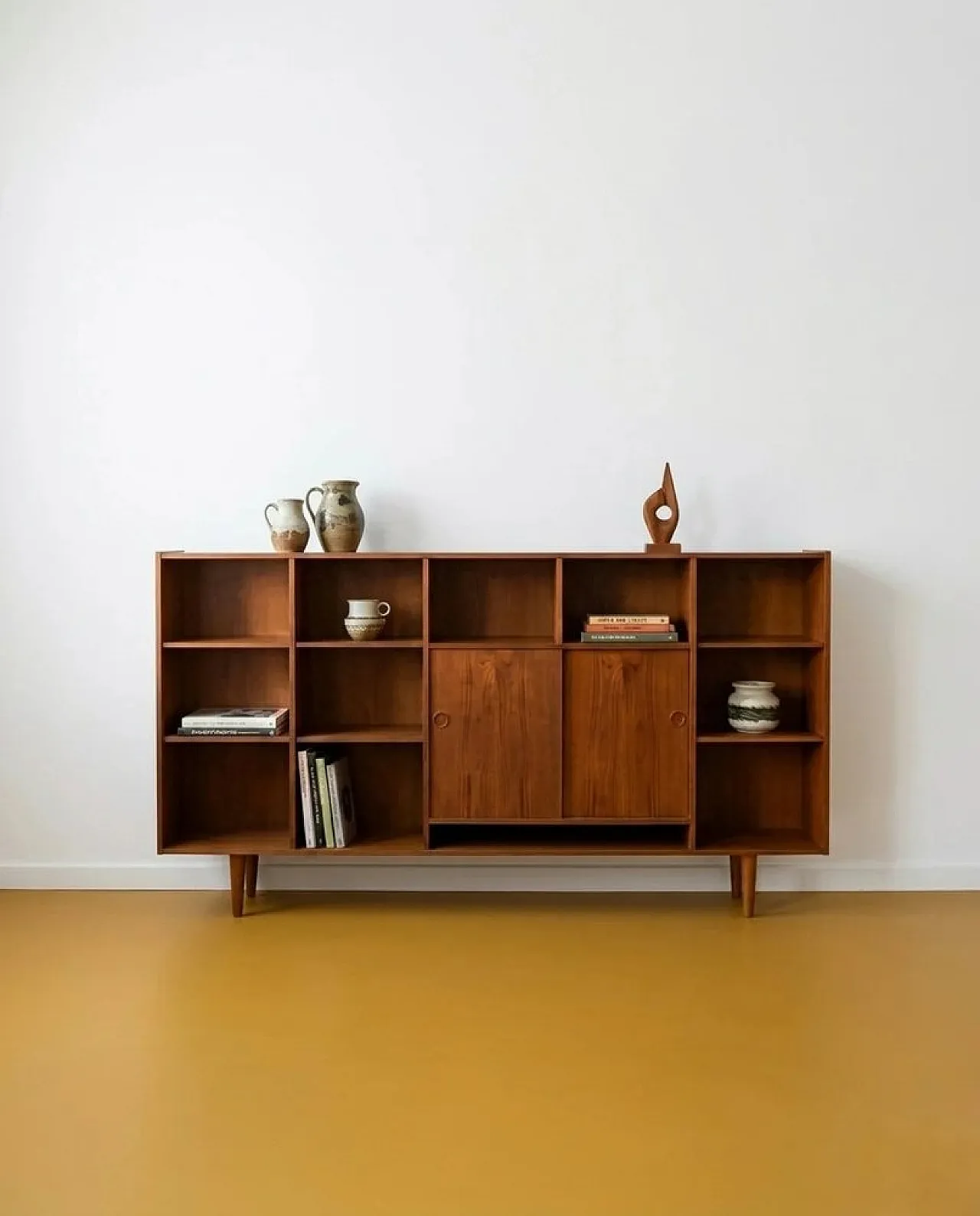 Teak bookcase with open compartments and sliding doors, Denmark, 1950s 1