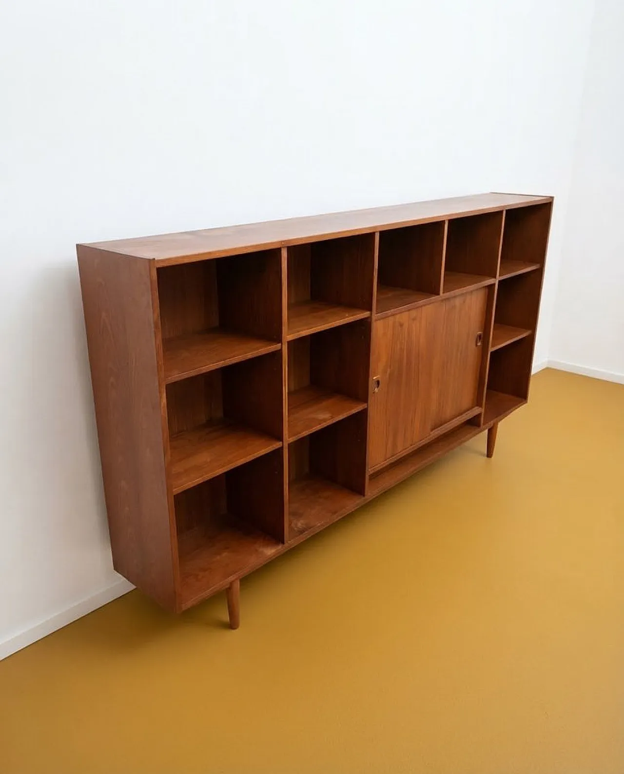 Teak bookcase with open compartments and sliding doors, Denmark, 1950s 2