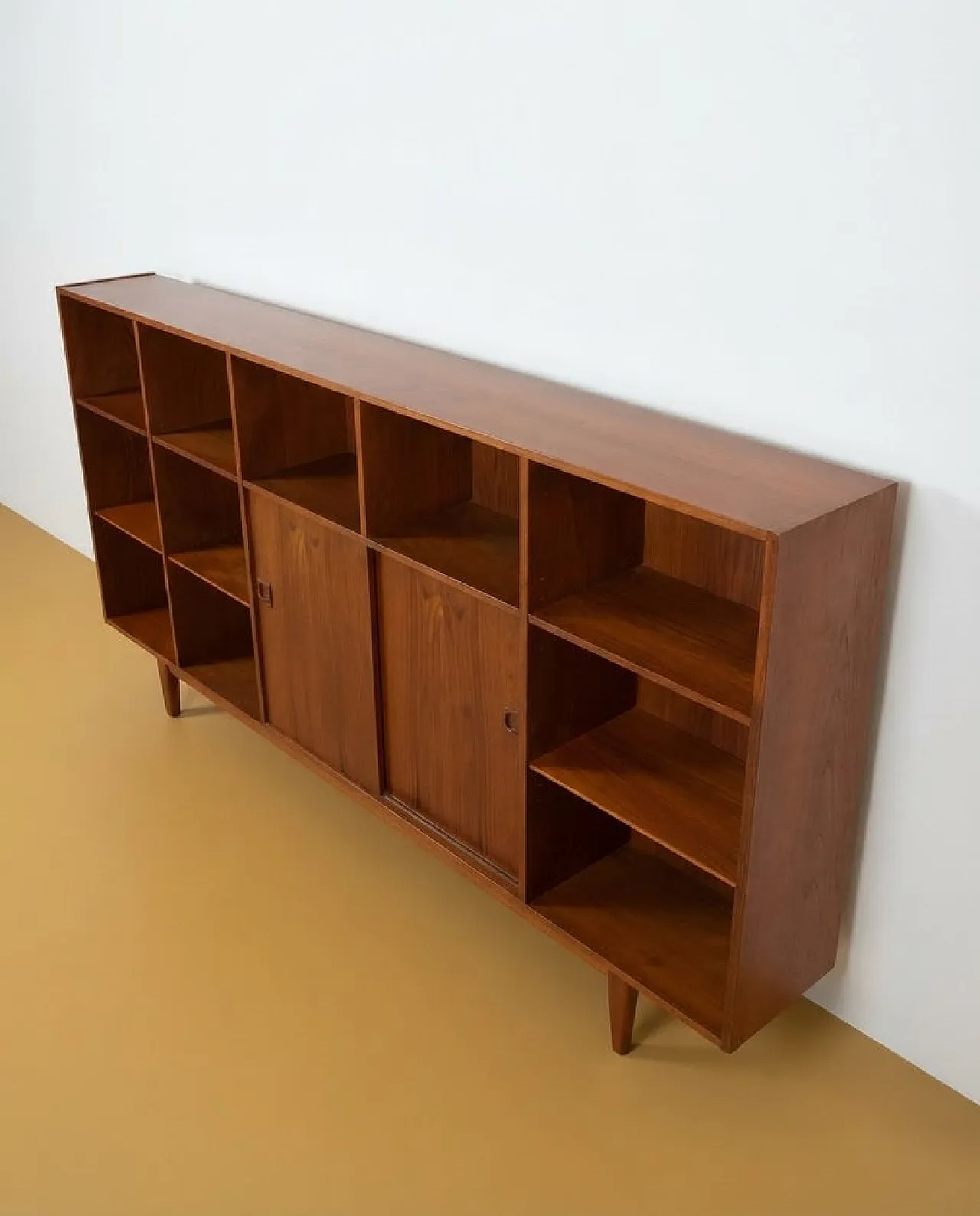 Teak bookcase with open compartments and sliding doors, Denmark, 1950s 3