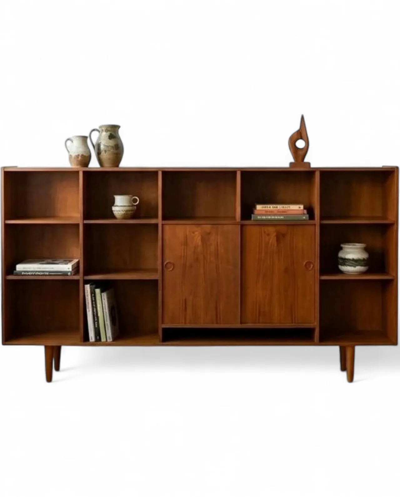 Teak bookcase with open compartments and sliding doors, Denmark, 1950s 4