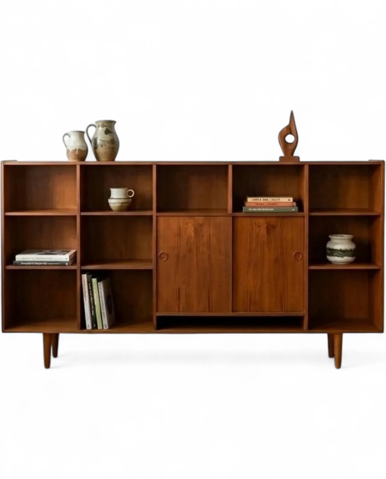 Teak bookcase with open compartments and sliding doors, Denmark, 1950s 5