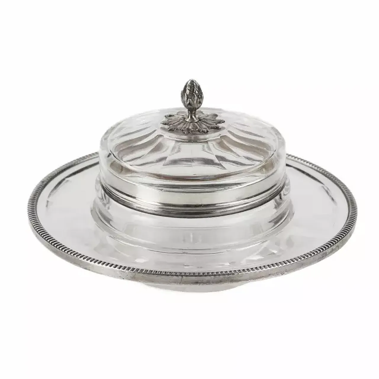Crystal and silver circular butter dish on a stand, early 20th century 1
