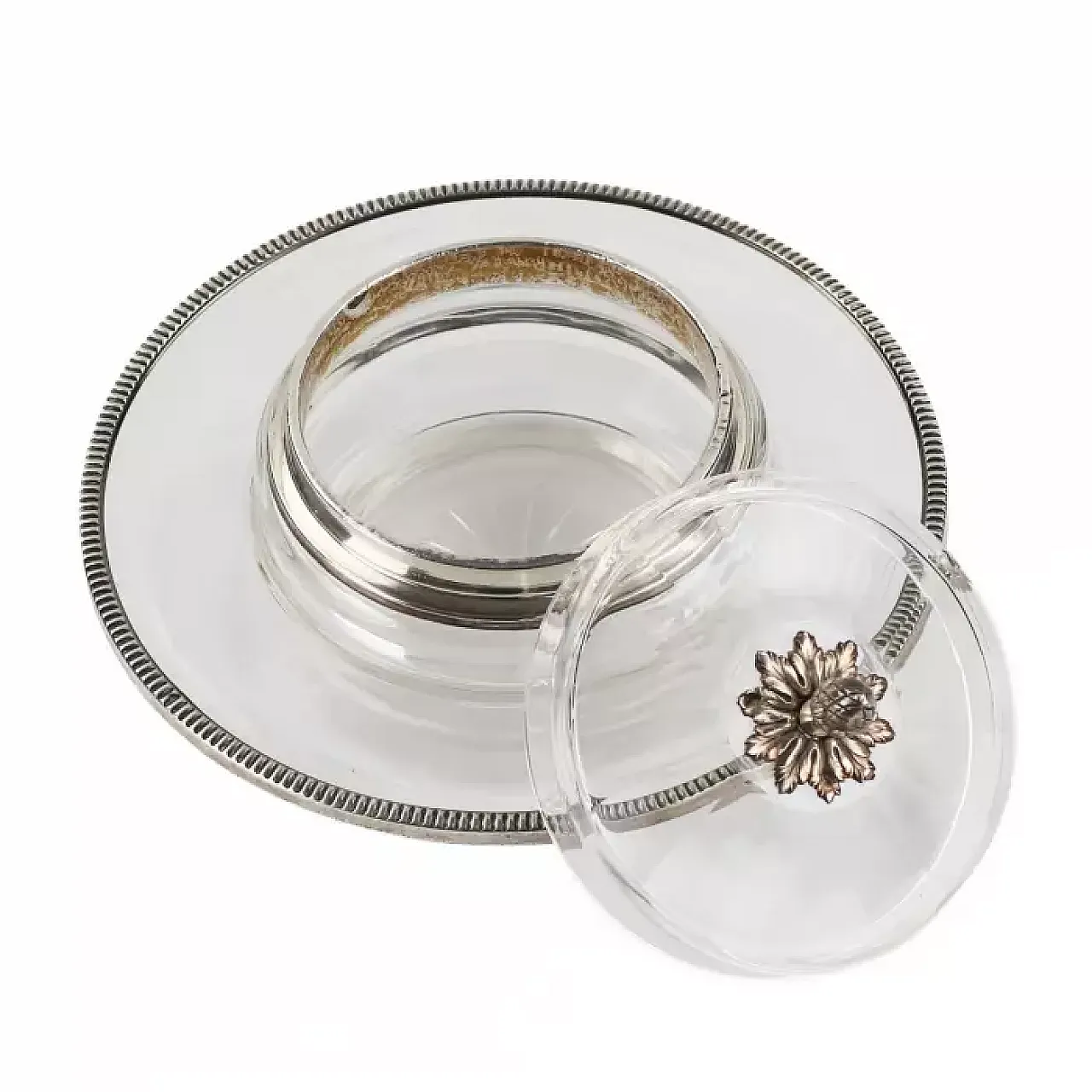 Crystal and silver circular butter dish on a stand, early 20th century 3