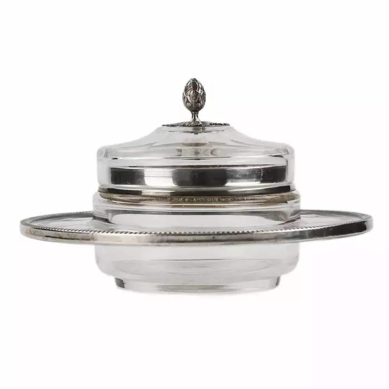 Crystal and silver circular butter dish on a stand, early 20th century 4