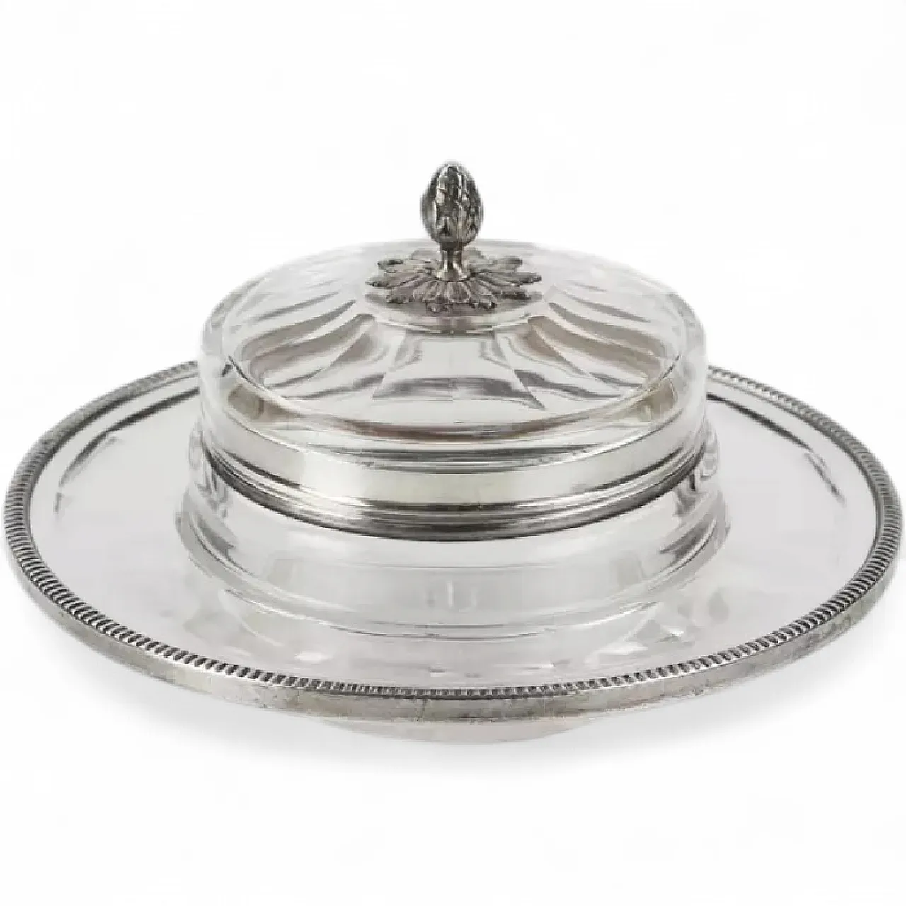 Crystal and silver circular butter dish on a stand, early 20th century 5
