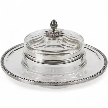 Crystal and silver circular butter dish on a stand, early 20th century