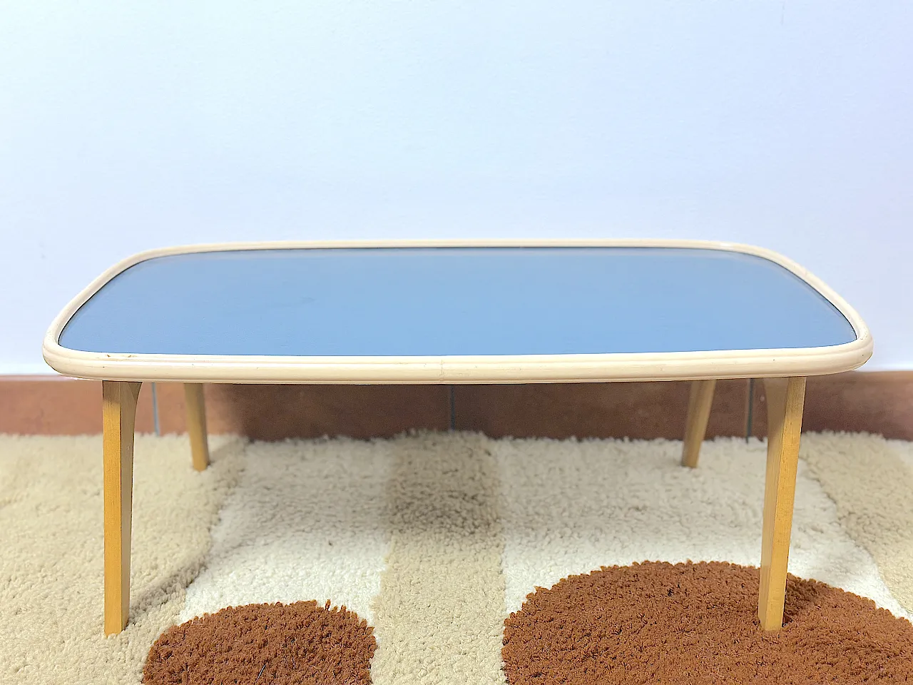 Beech and blue formica side table by Fratelli Reguitti, 1950s 1