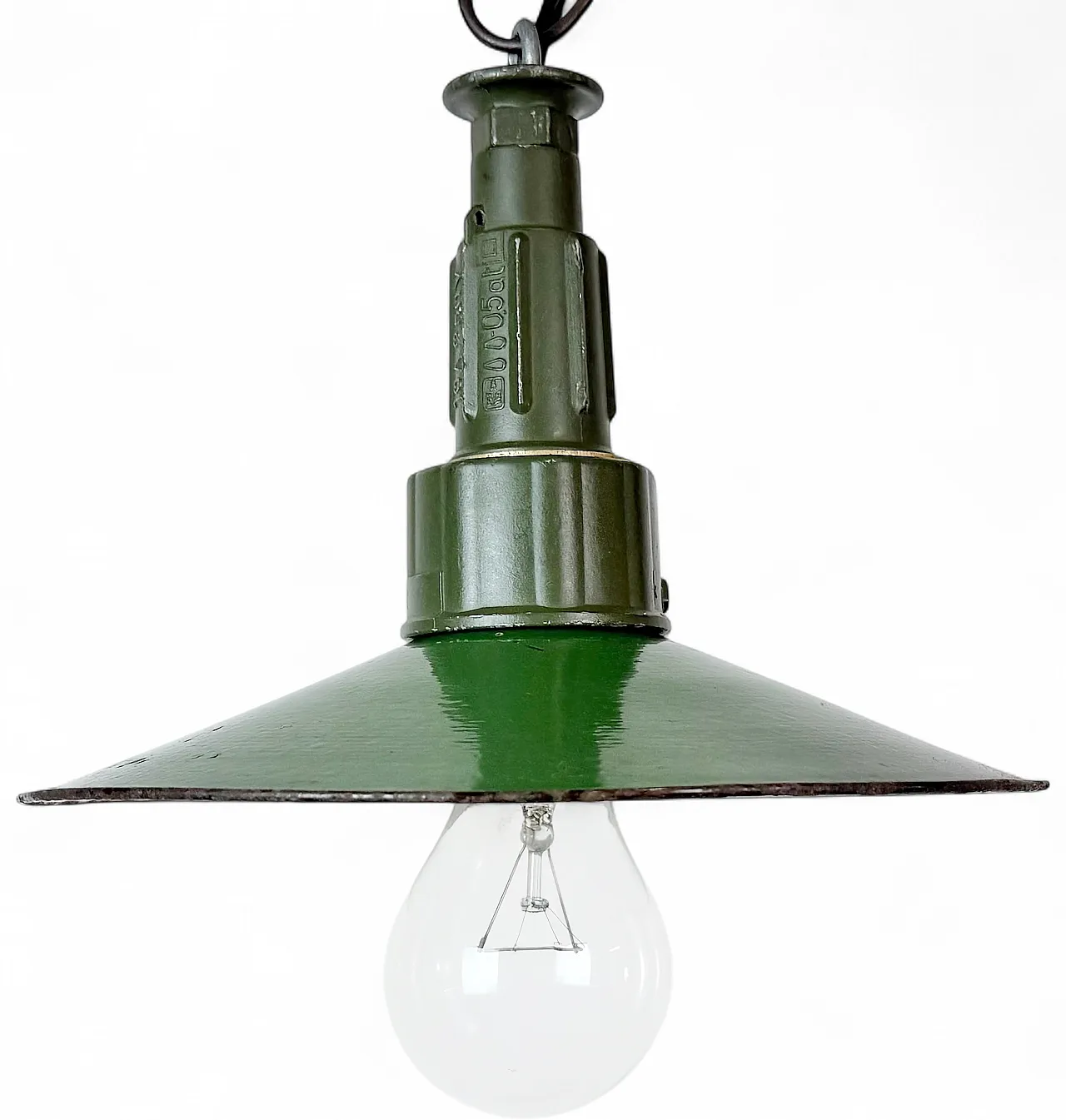 Industrial Green Enamel Military Pendant Lamp with Cast Aluminium Top, 18