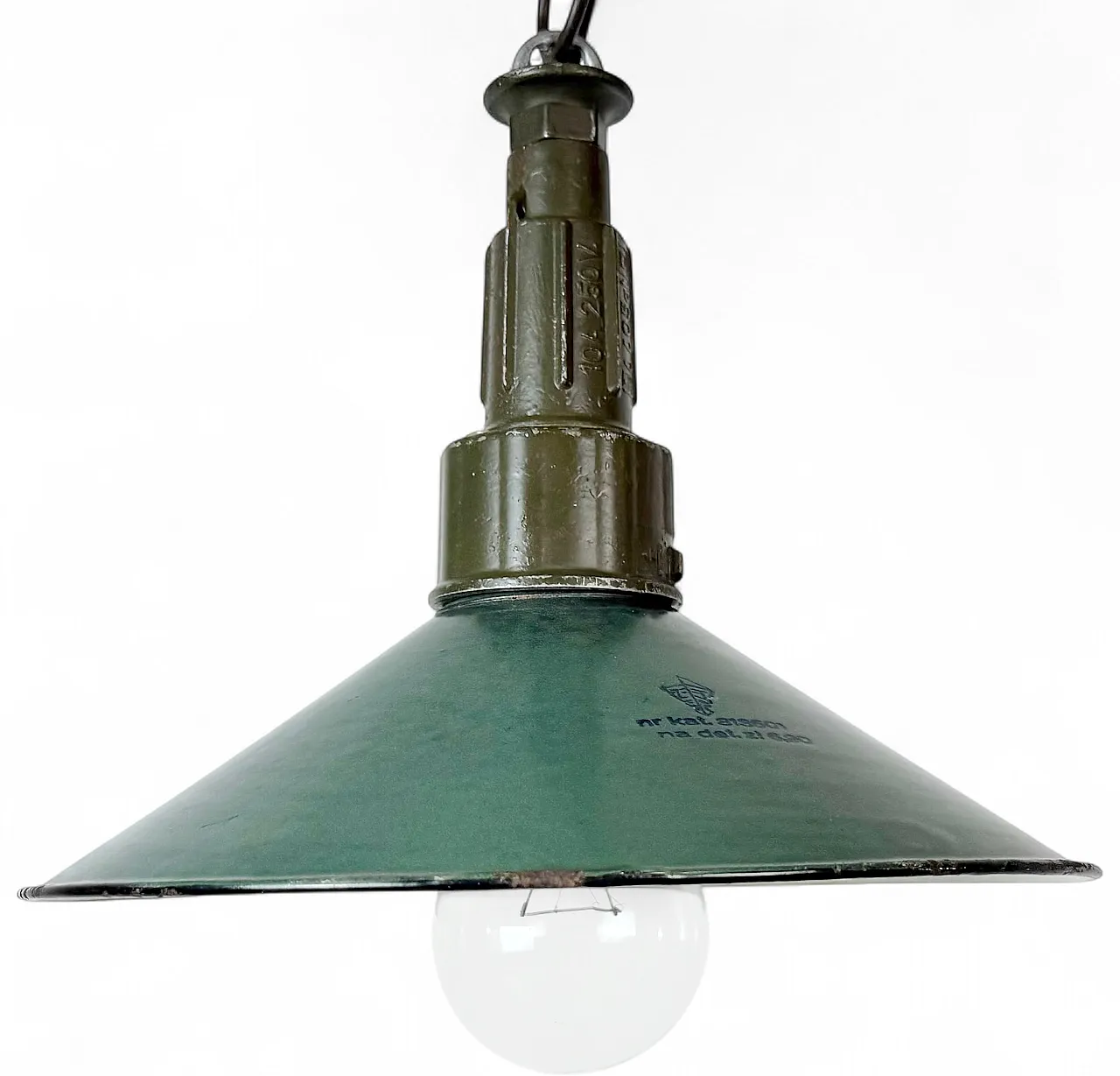Industrial Green Enamel Military Pendant Lamp with Cast Aluminium Top, 20