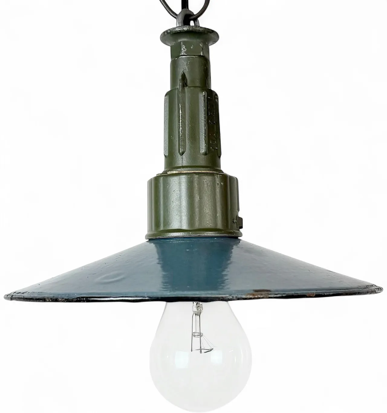 Industrial Blue Enamel Military Pendant Lamp with Cast Aluminium Top, 18