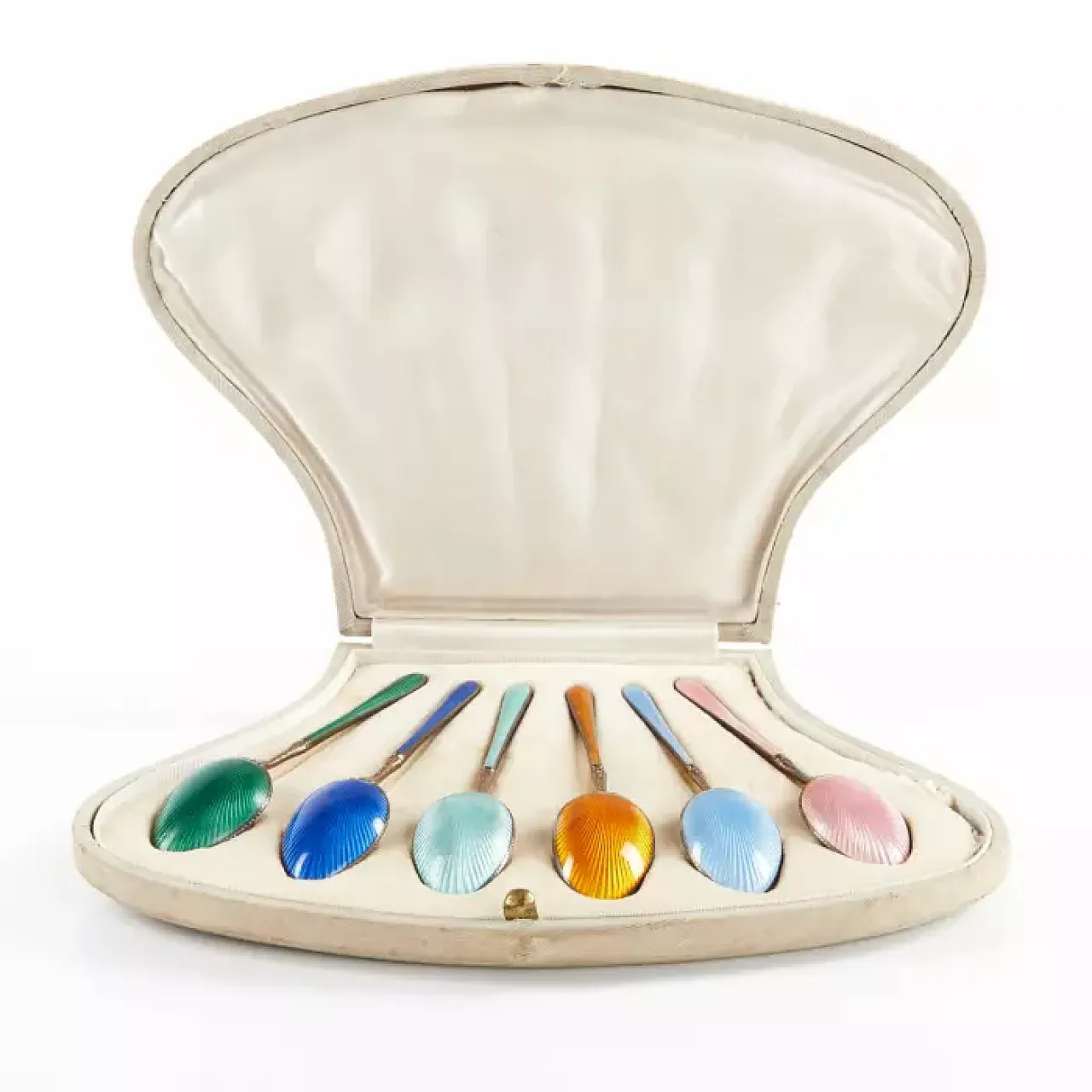 6 Silver spoons with translucent guilloché enamel, 20th century 1