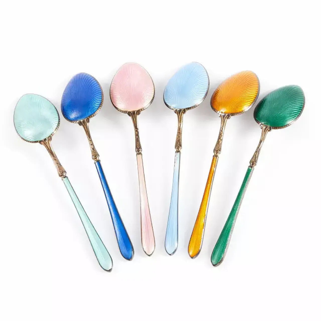 6 Silver spoons with translucent guilloché enamel, 20th century 2