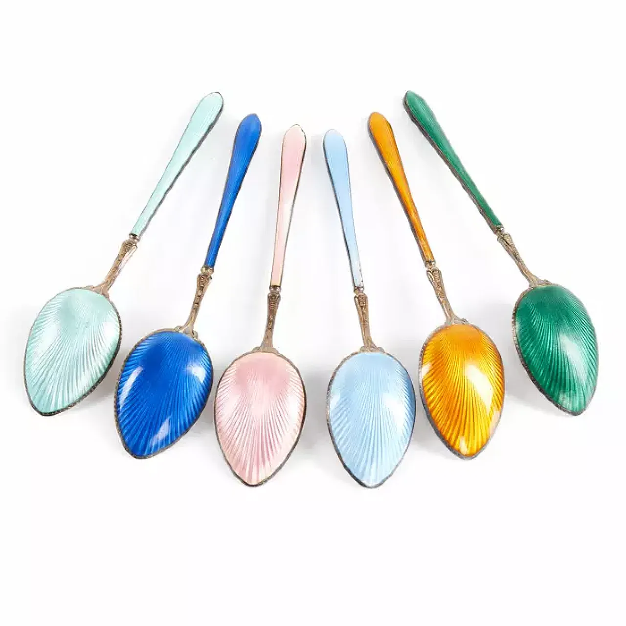 6 Silver spoons with translucent guilloché enamel, 20th century 3