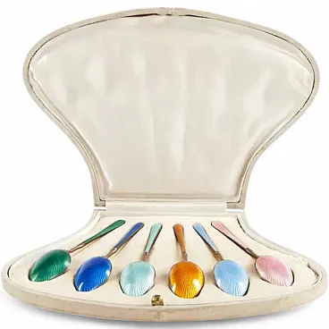 6 Silver spoons with translucent guilloché enamel, 20th century