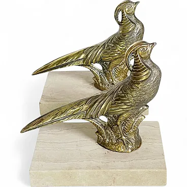 Coppia di reggilibri a forma di gallo in marmo e ottone, anni '50