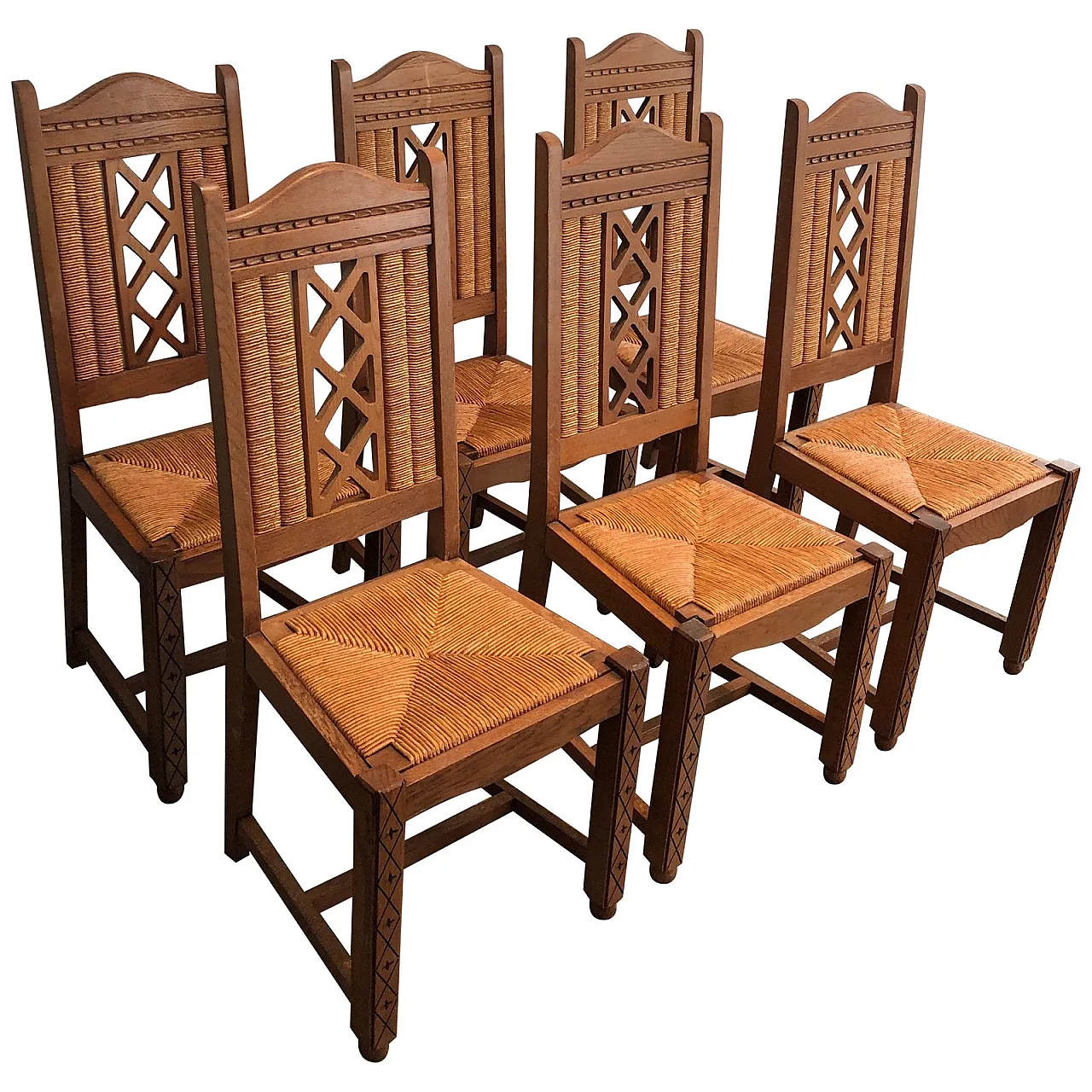 6 Brutalist Ash and Straw Chairs, French Work, circa 1950 1
