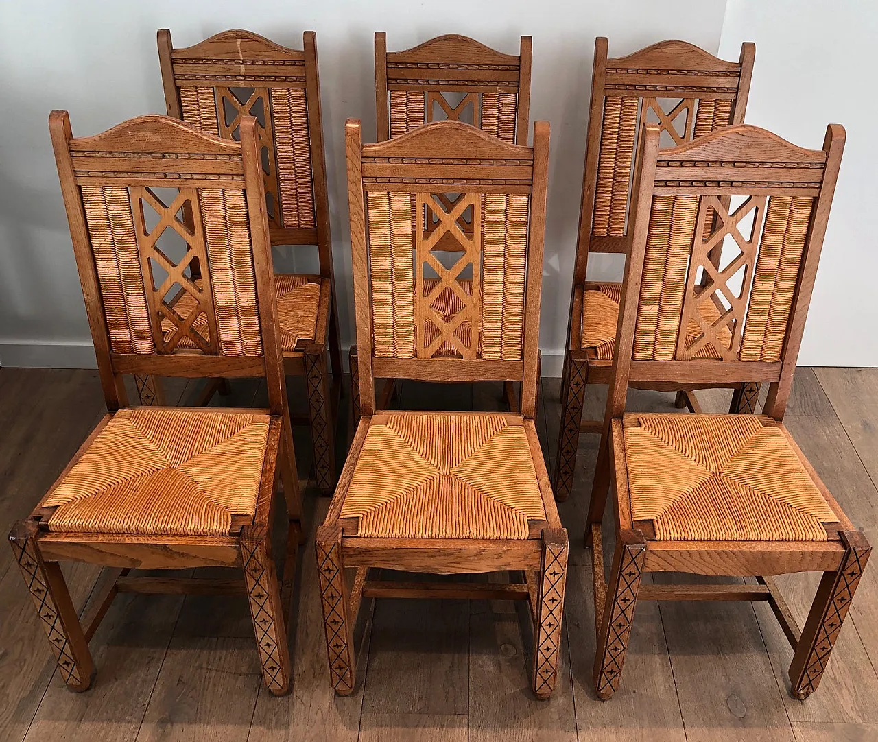 6 Brutalist Ash and Straw Chairs, French Work, circa 1950 2