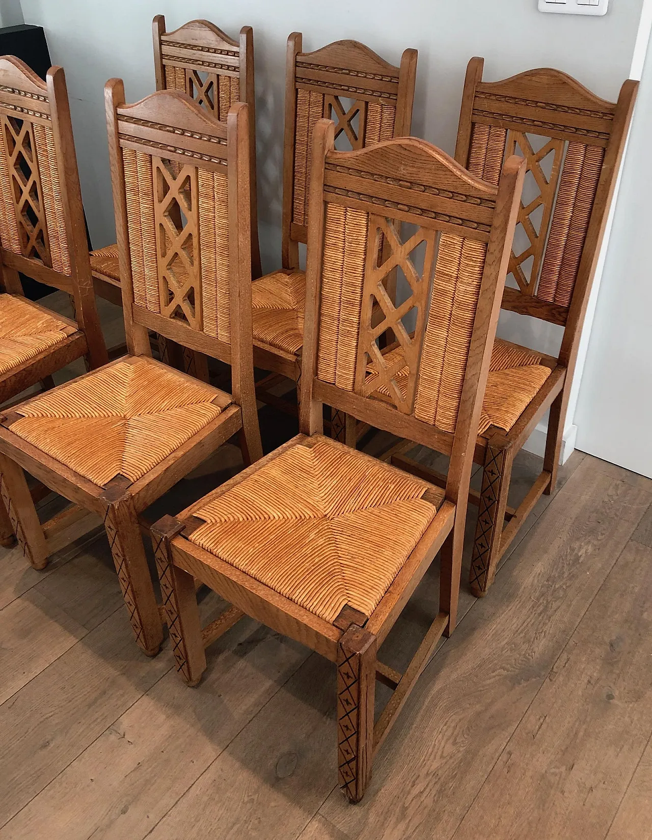 6 Brutalist Ash and Straw Chairs, French Work, circa 1950 3