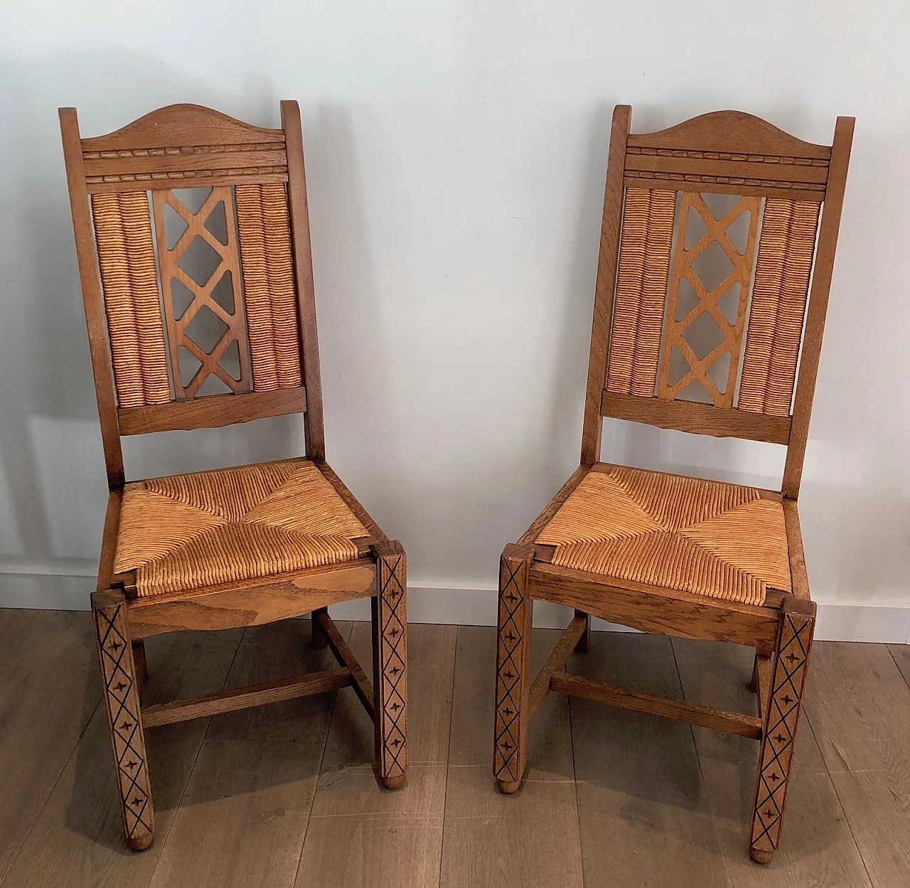 6 Brutalist Ash and Straw Chairs, French Work, circa 1950 4
