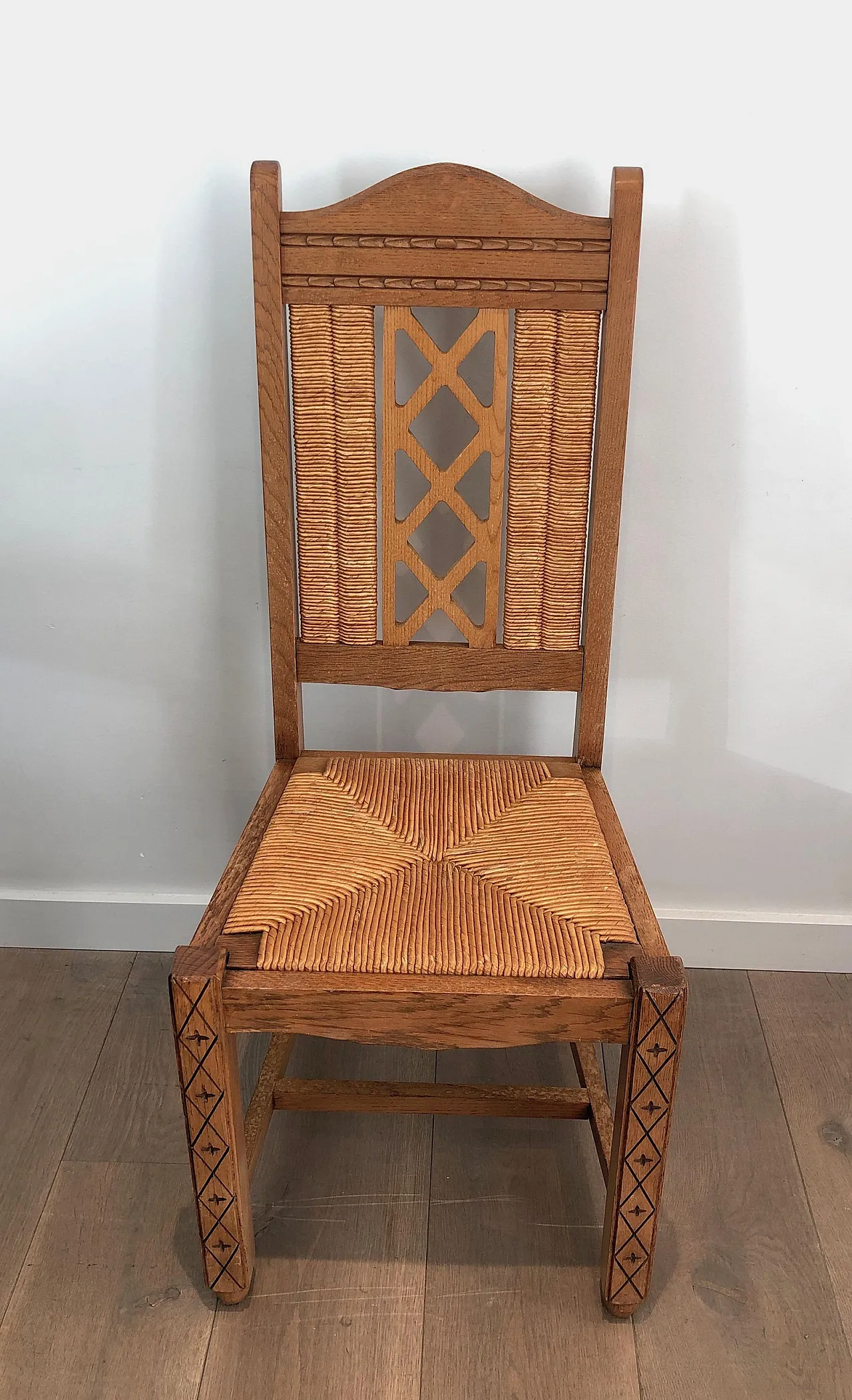 6 Brutalist Ash and Straw Chairs, French Work, circa 1950 6