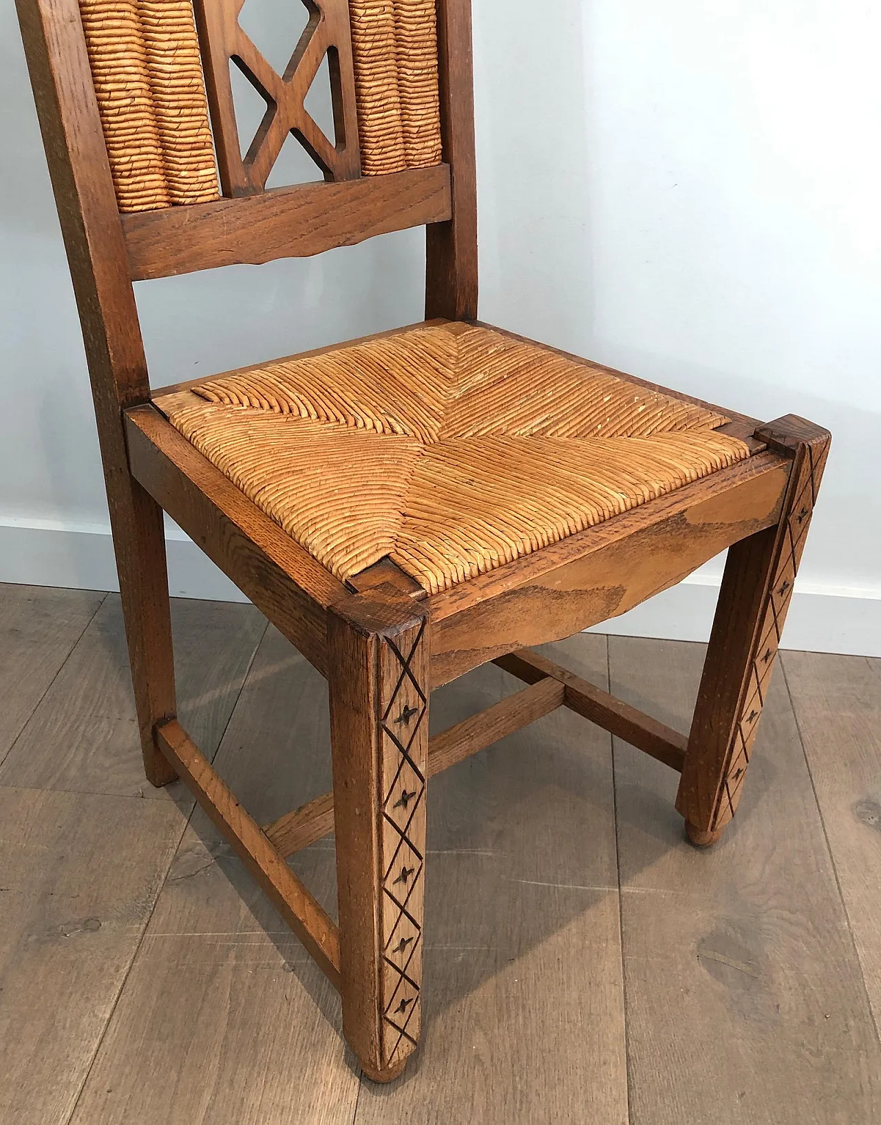 6 Brutalist Ash and Straw Chairs, French Work, circa 1950 8