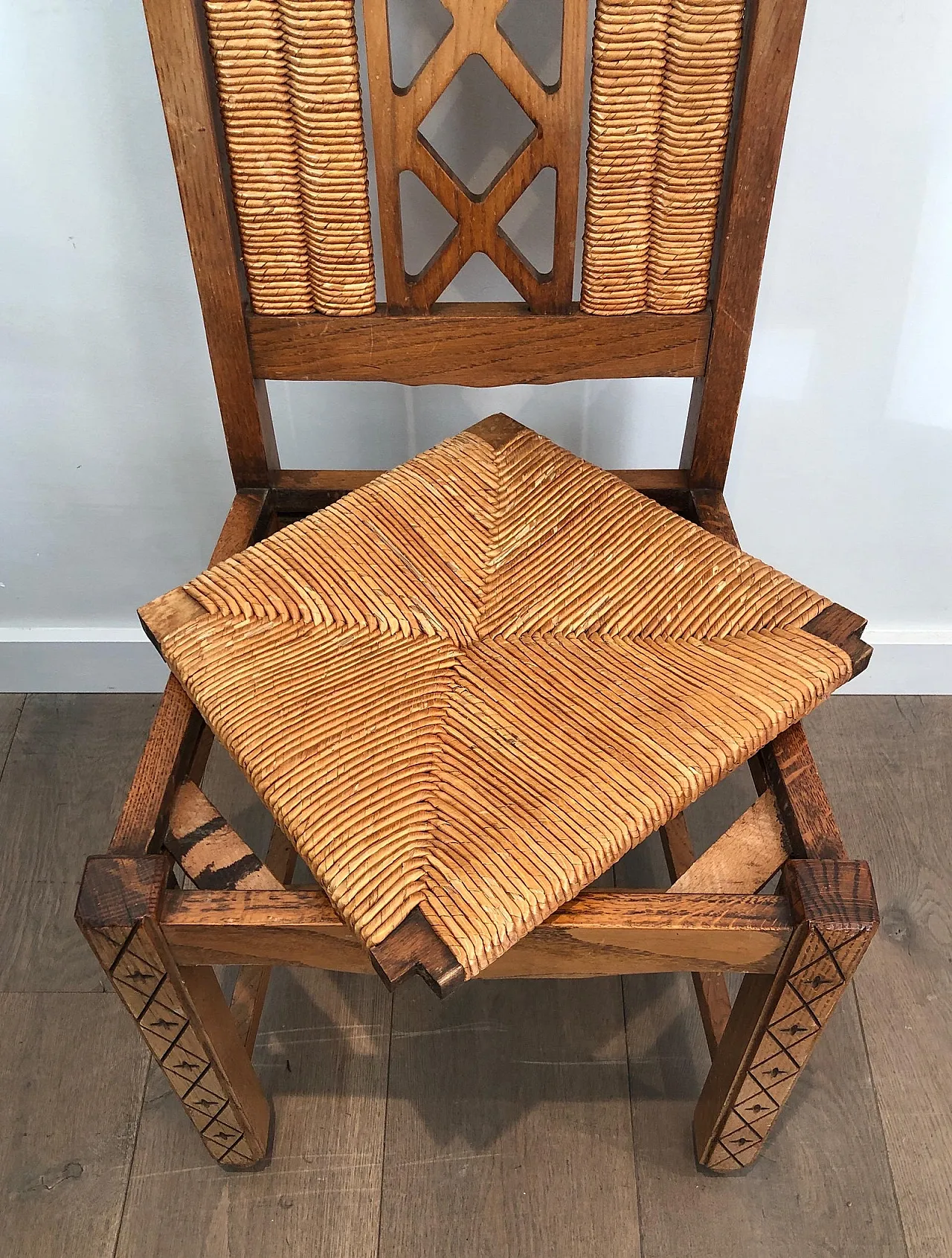 6 Brutalist Ash and Straw Chairs, French Work, circa 1950 11