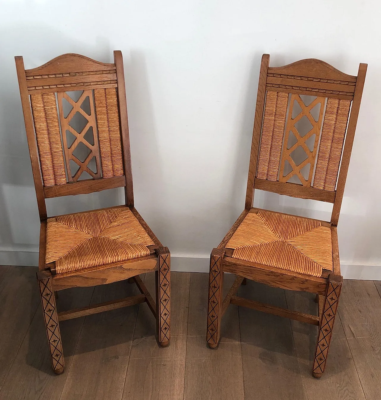 6 Brutalist Ash and Straw Chairs, French Work, circa 1950 18