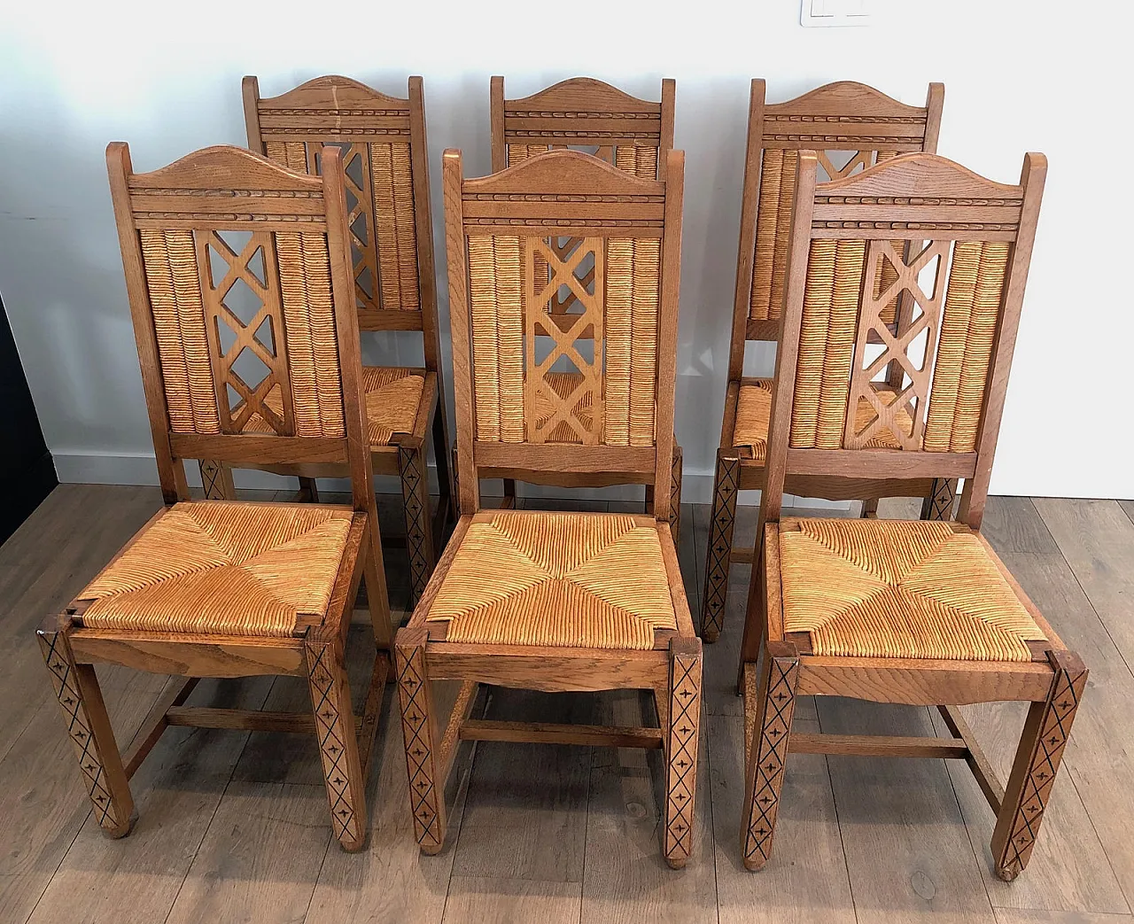 6 Brutalist Ash and Straw Chairs, French Work, circa 1950 19