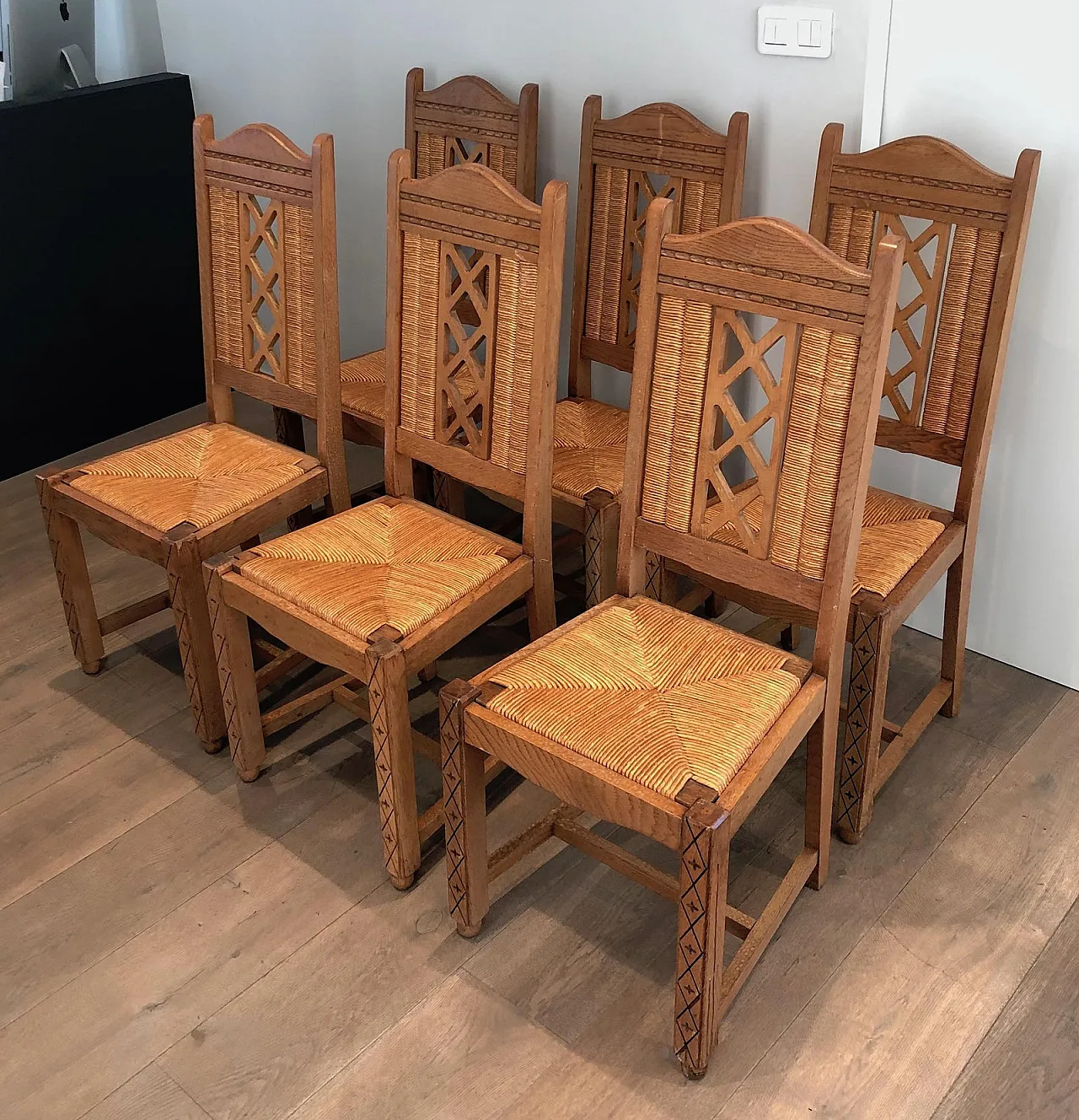 6 Brutalist Ash and Straw Chairs, French Work, circa 1950 20