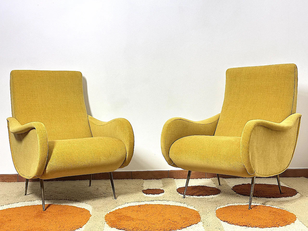 Pair of yellow fabric armchairs attributed to Marco Zanuso, 1950s 2