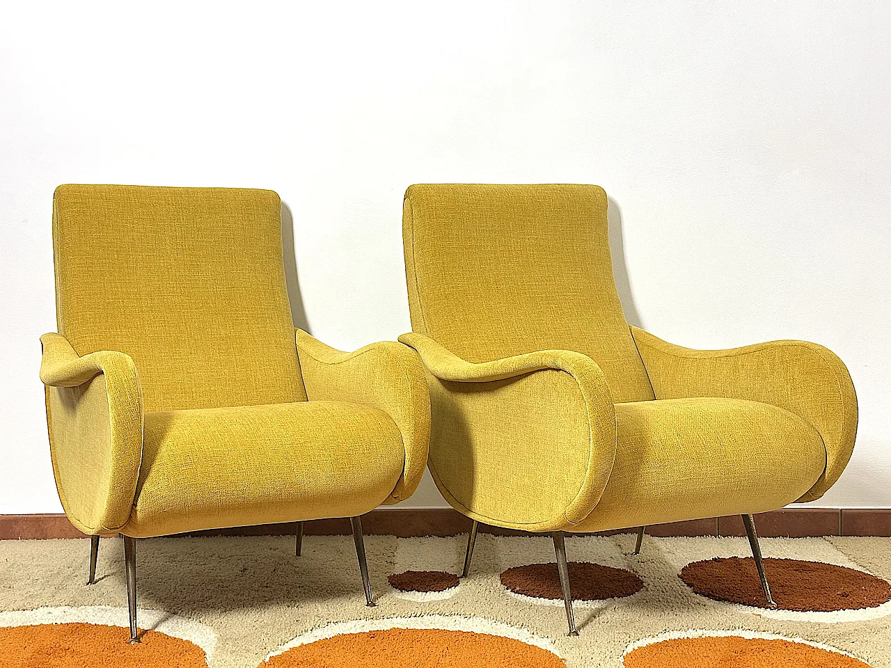 Pair of yellow fabric armchairs attributed to Marco Zanuso, 1950s 3
