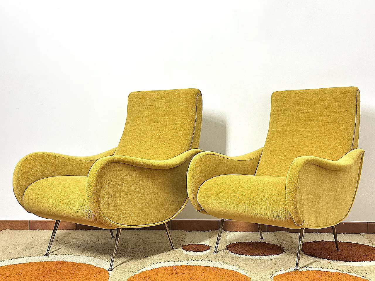 Pair of yellow fabric armchairs attributed to Marco Zanuso, 1950s 4