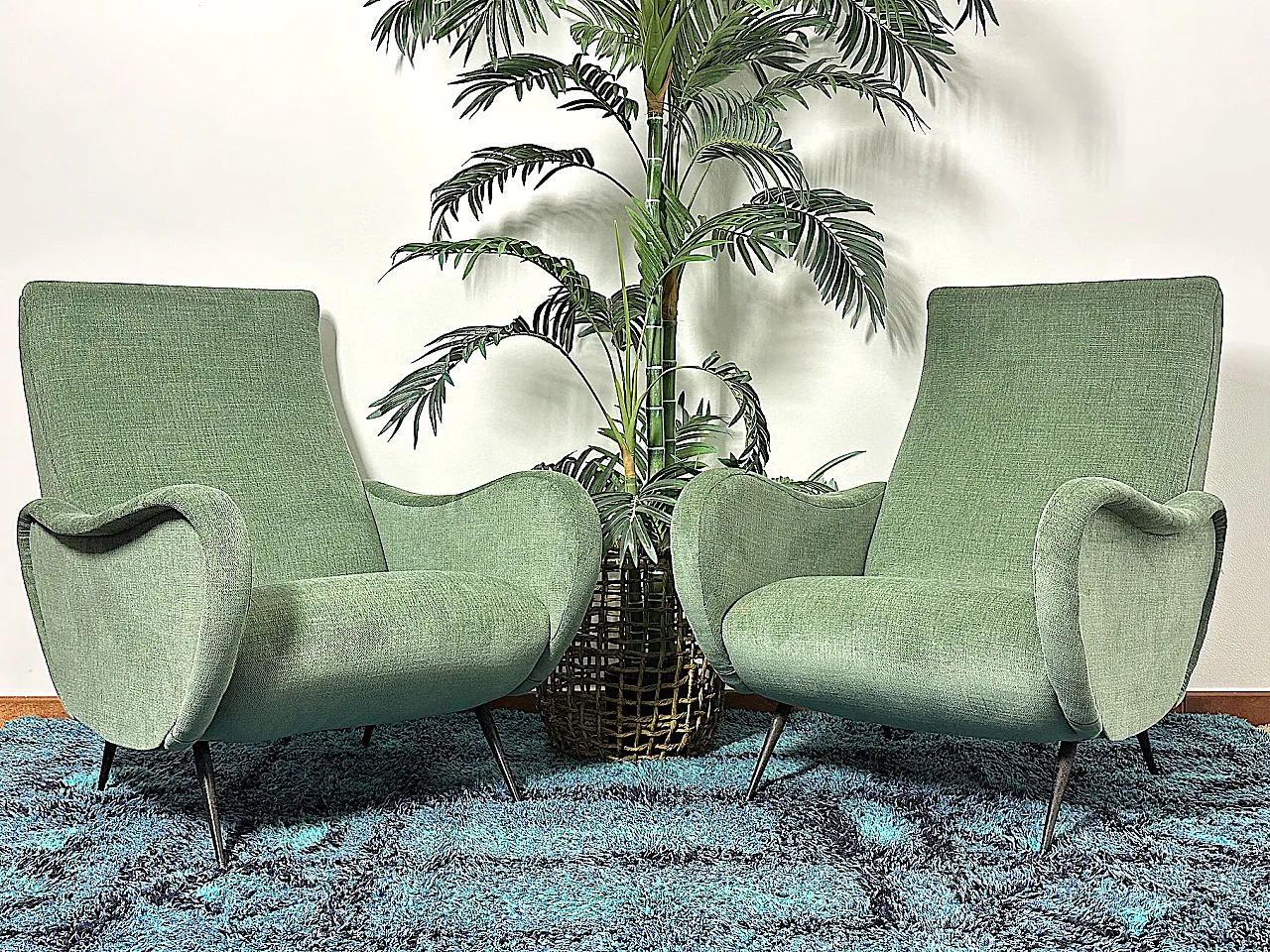 Pair of green fabric armchairs attributed to Marco Zanuso, 1950s 1