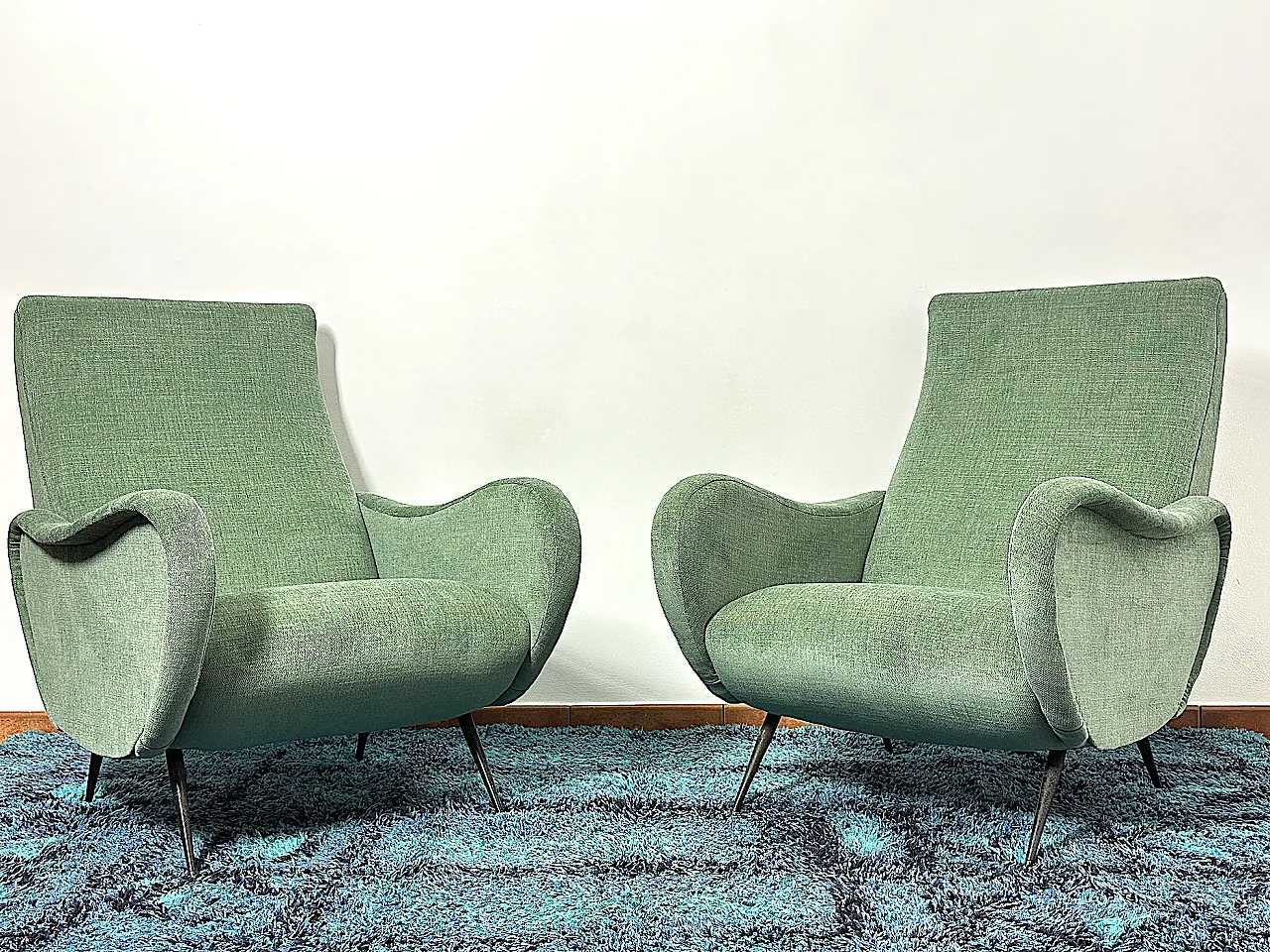 Pair of green fabric armchairs attributed to Marco Zanuso, 1950s 2