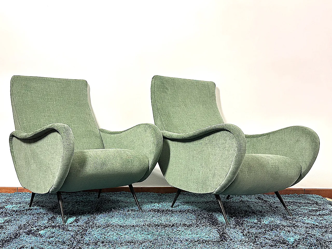 Pair of green fabric armchairs attributed to Marco Zanuso, 1950s 3