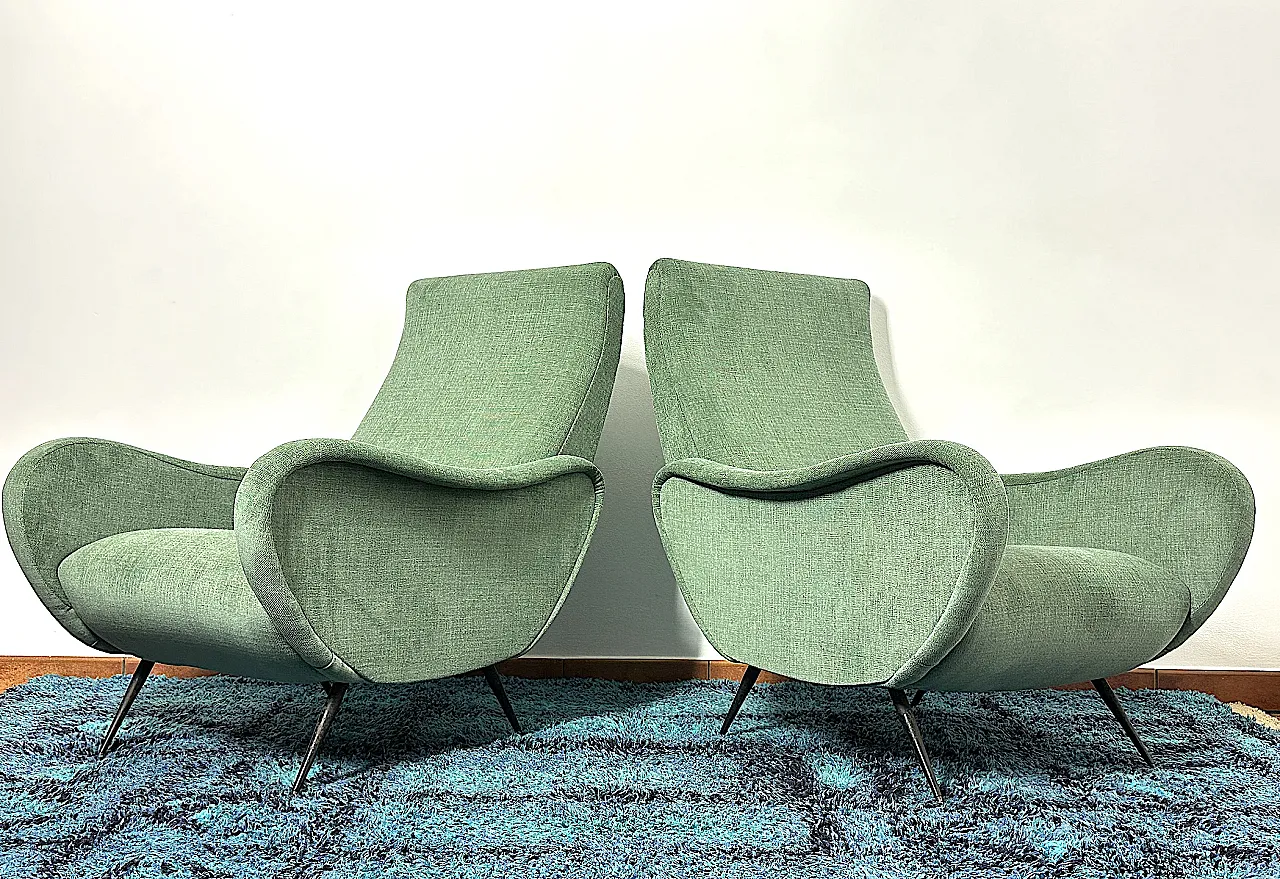 Pair of green fabric armchairs attributed to Marco Zanuso, 1950s 4