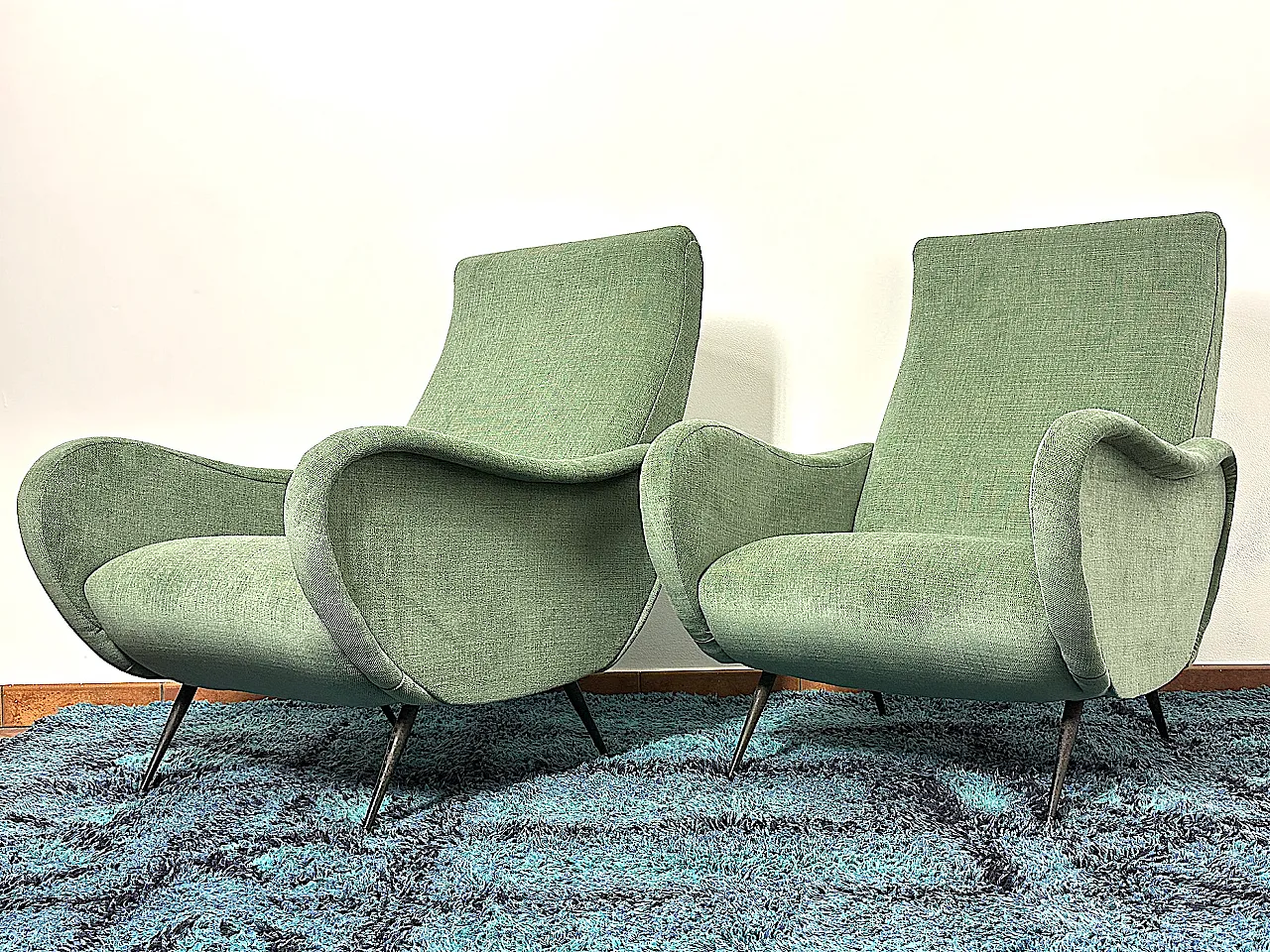 Pair of green fabric armchairs attributed to Marco Zanuso, 1950s 5