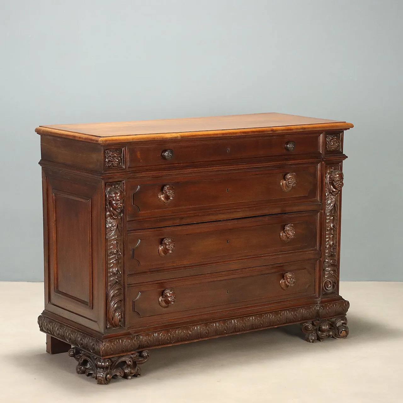 Baroque style chest of drawers in walnut, 20th century 1