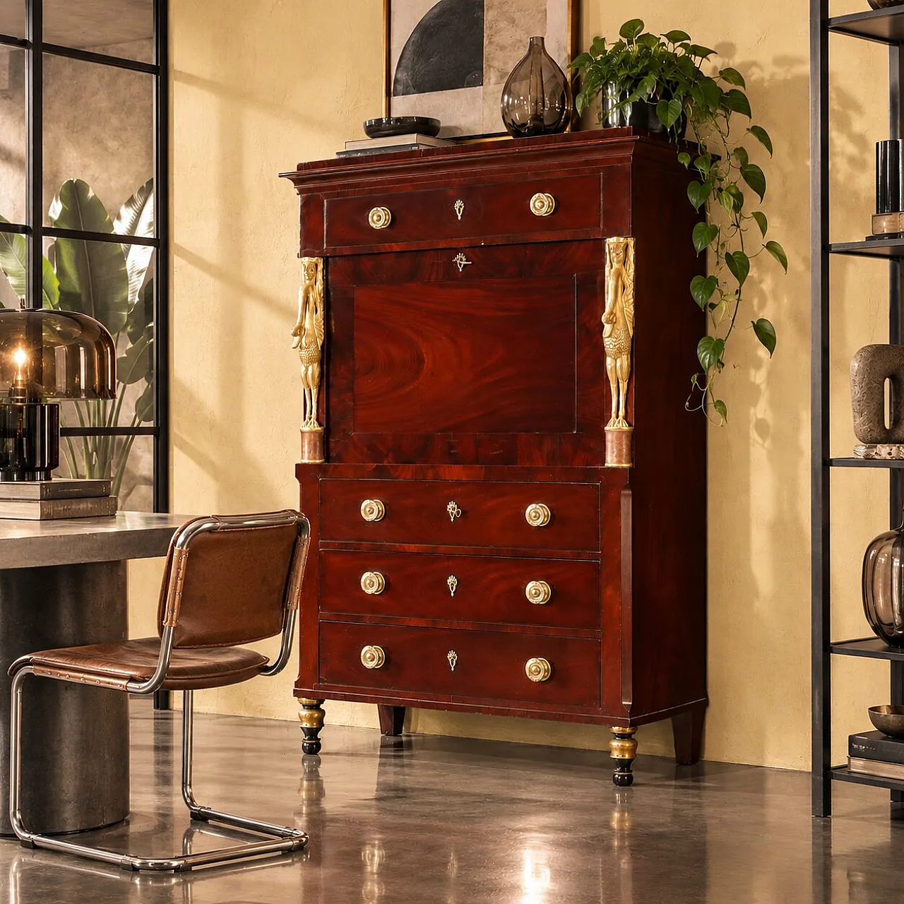 Secretaire in mahogany and mahogany feather, 19th century 2