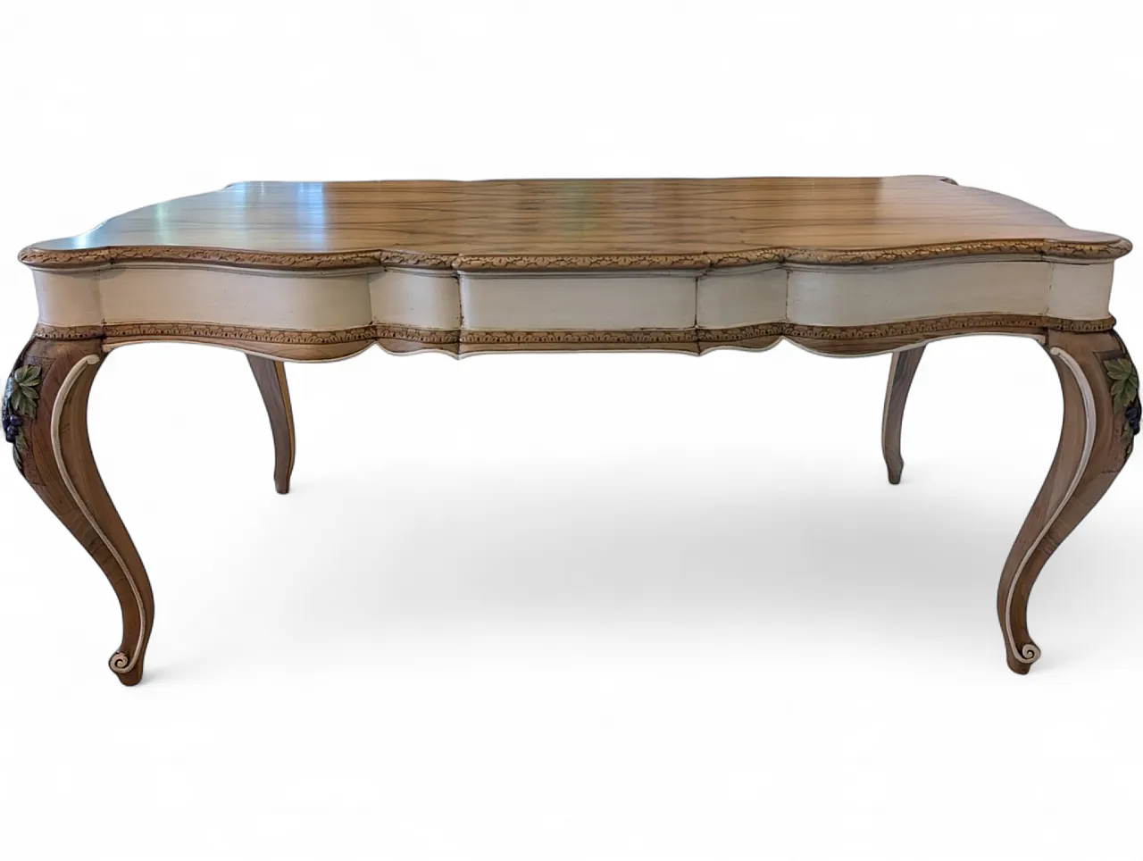 Walnut dining table with carved grape detail, 30s 11