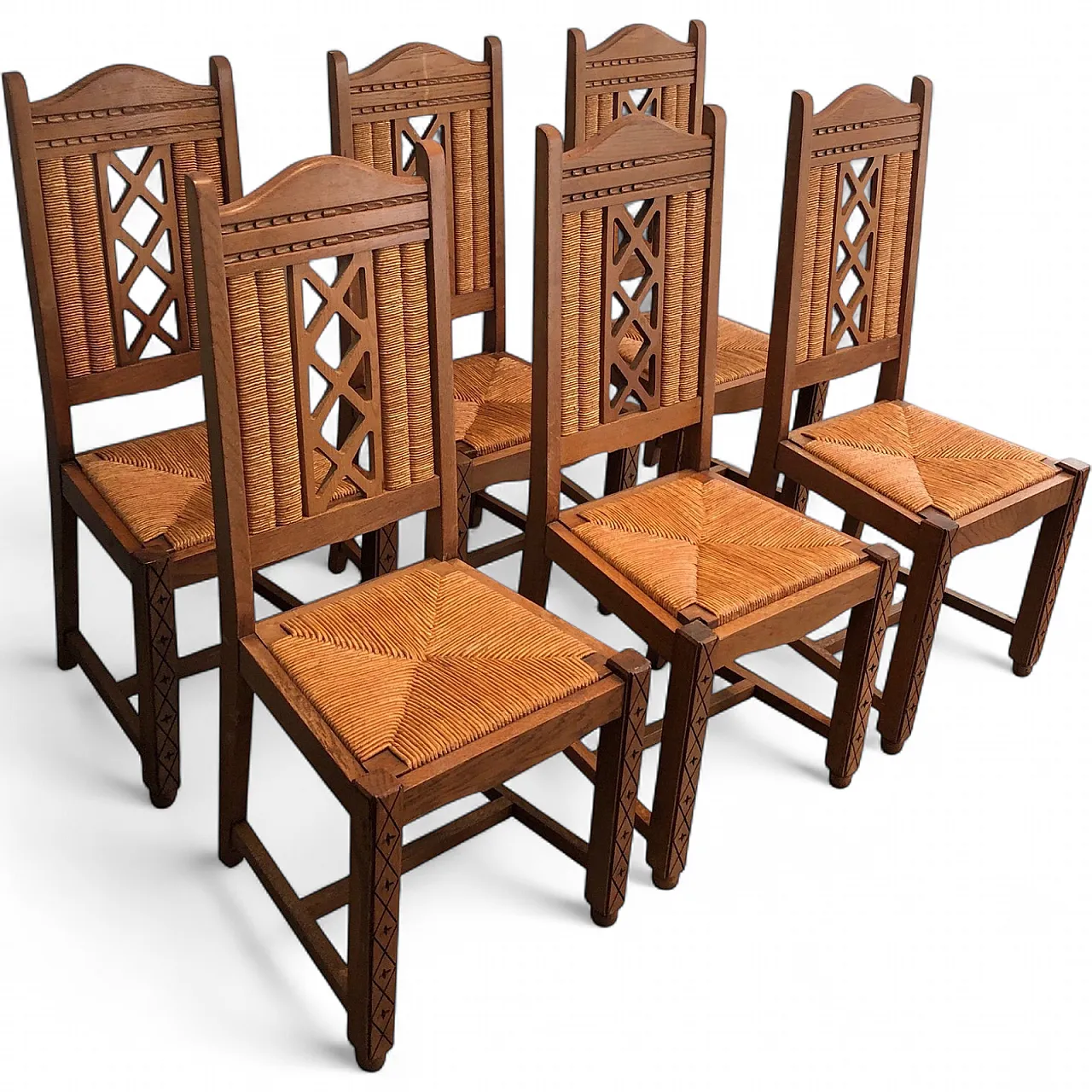 6 Brutalist Ash and Straw Chairs, French Work, circa 1950 21