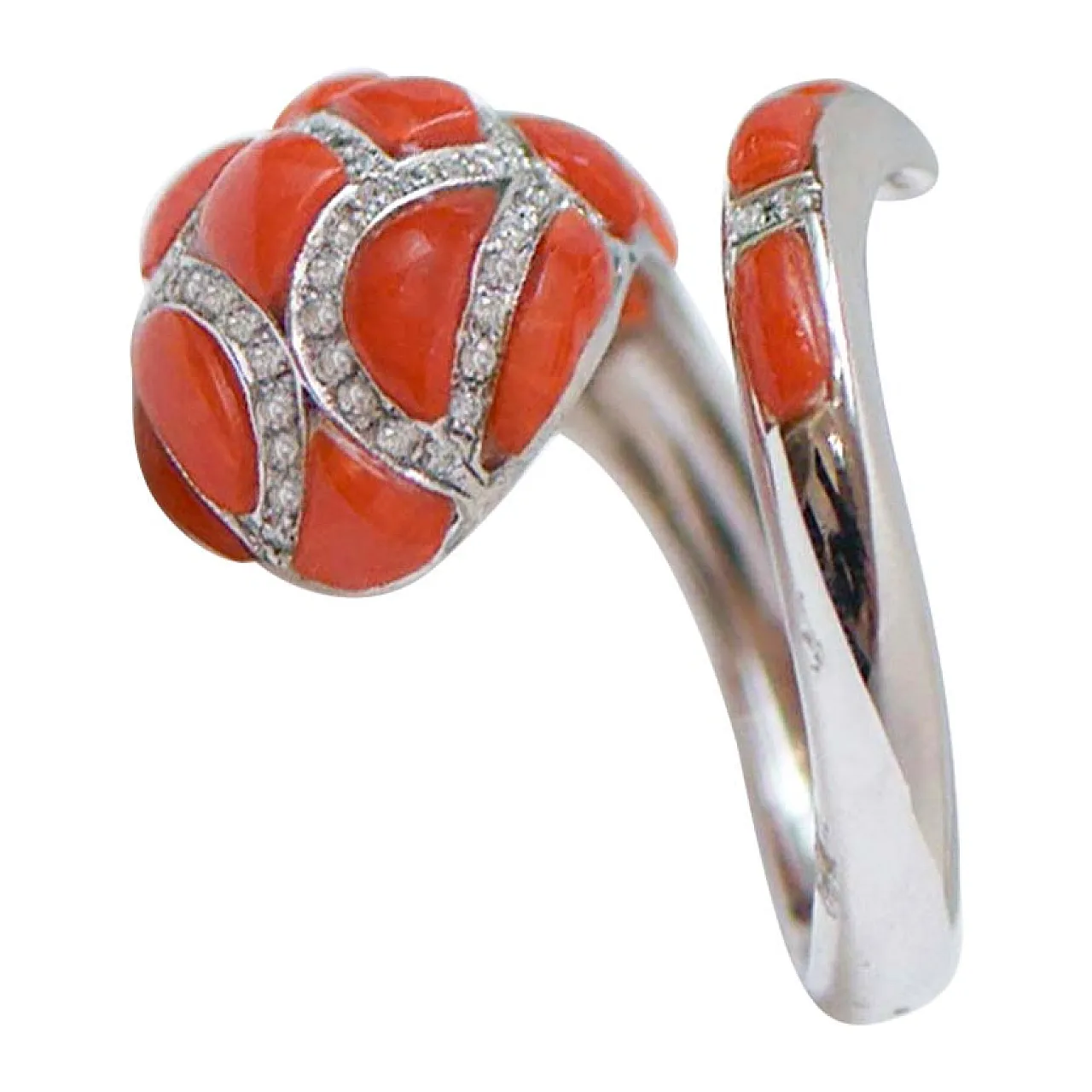 Coral, diamonds, 14 karat white gold snake ring, 1970s 1