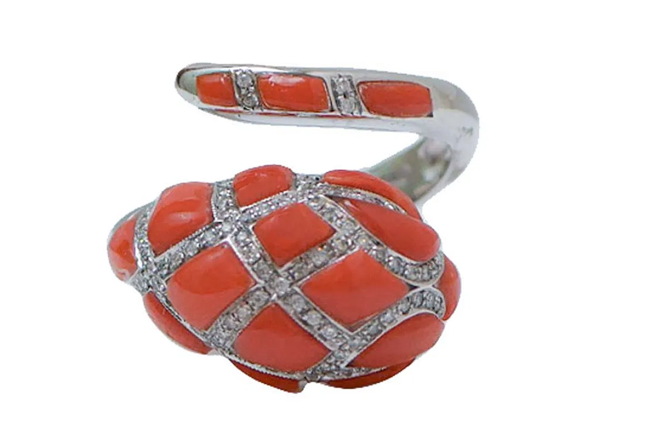 Coral, diamonds, 14 karat white gold snake ring, 1970s 2