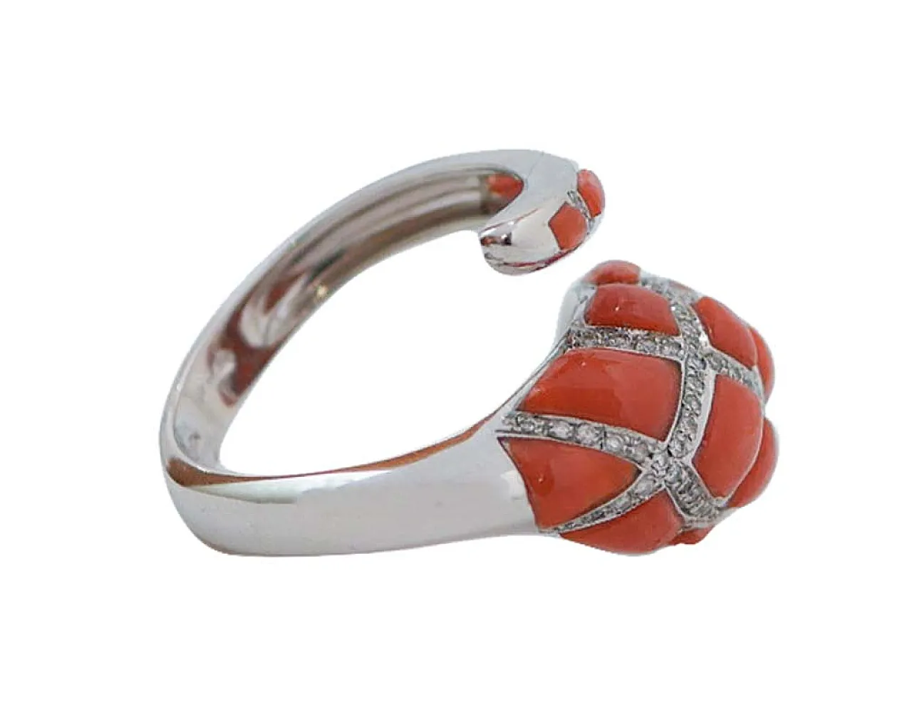Coral, diamonds, 14 karat white gold snake ring, 1970s 3
