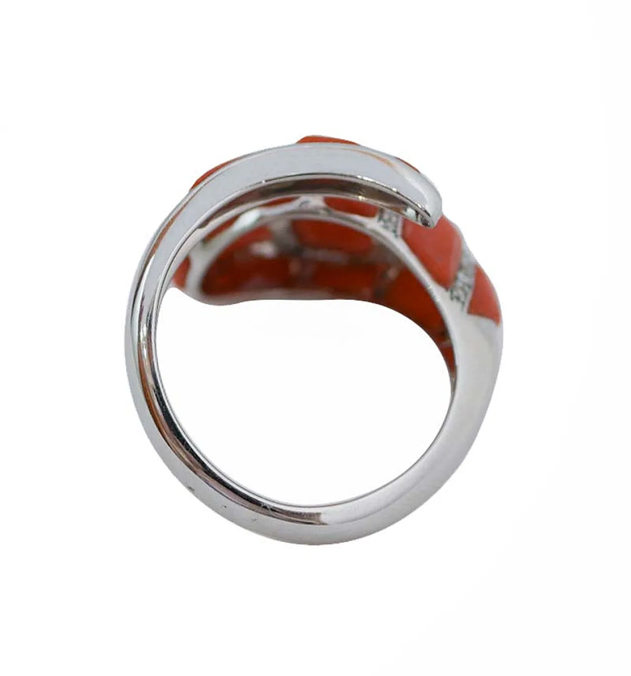 Coral, diamonds, 14 karat white gold snake ring, 1970s 4